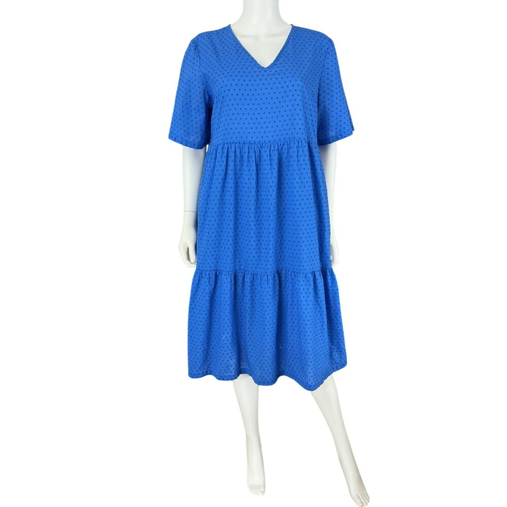 Gudrun Sjoden Tiered Clip Dot Midi Dress M Blue Organic Cotton Short Sleeve BOHO